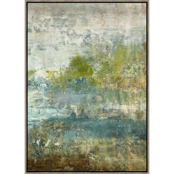 Abstract giclee painting, Reflecting Pool III, with textured blues, greens, and neutrals in a floating frame.
