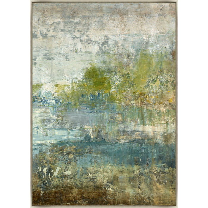 Reflecting Pool III Giclee Painting, abstract canvas art with textured blues, greens, and grays in a light frame.
