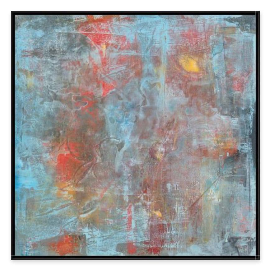 Abstract giclee painting with textured brushstrokes in blue, red, and gray, framed in black.