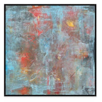 Abstract giclee painting with textured brushstrokes in blue, red, and gray, framed in black.