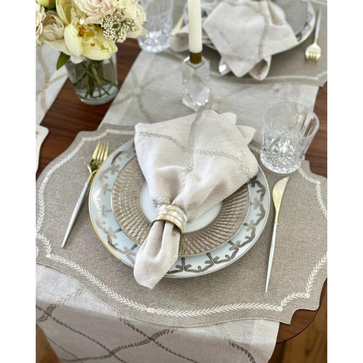 Regent Luminous Embroidered Placemats, Set 4 - Placemat Texture Detail | Bone & Brass