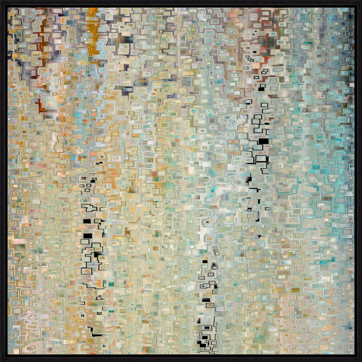 Abstract giclee painting with sunlit movement, coastal elegance, and layered artistic detail in a black frame.
