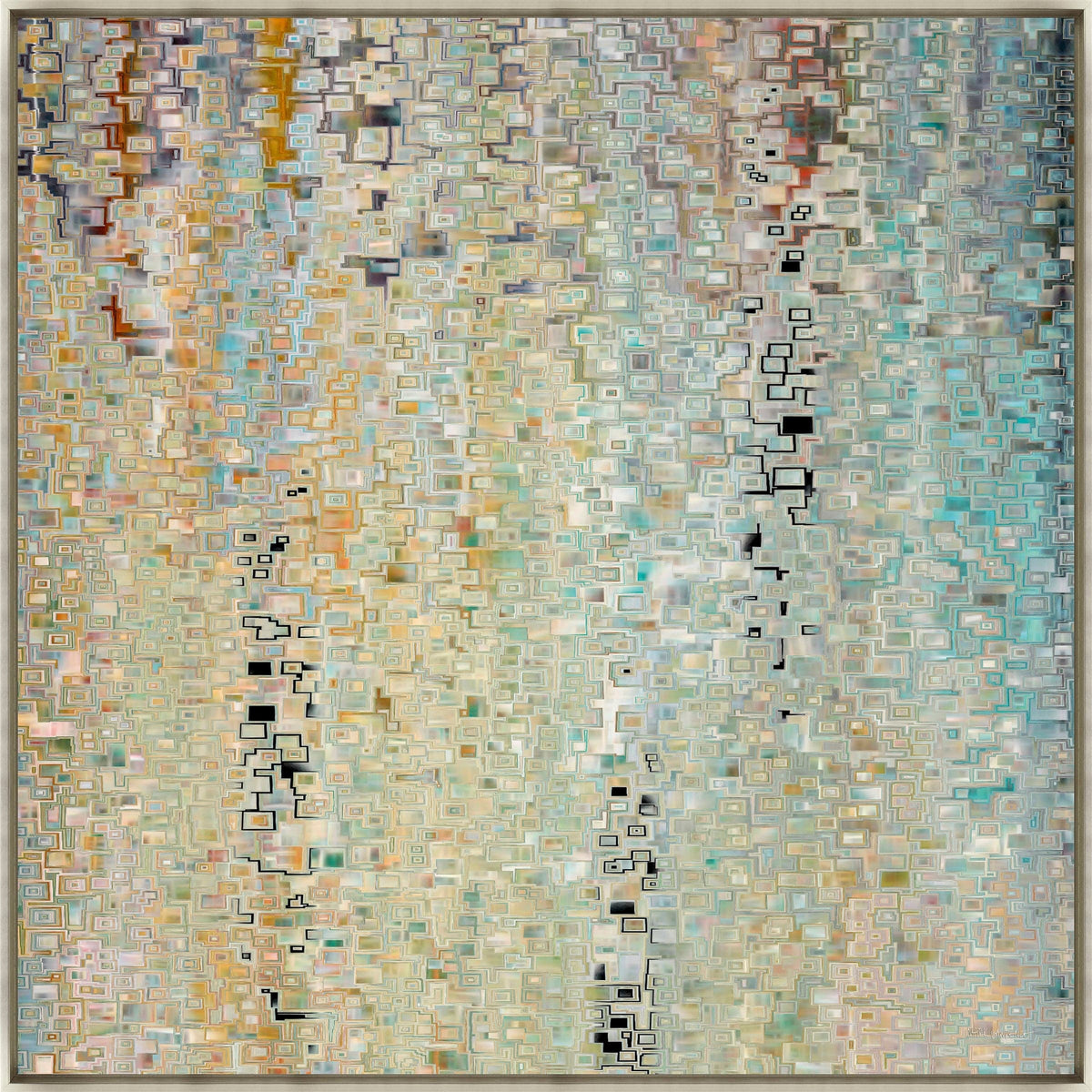 Abstract giclee painting with sunlit movement, featuring layered squares in coastal blues, greens, and warm tones.