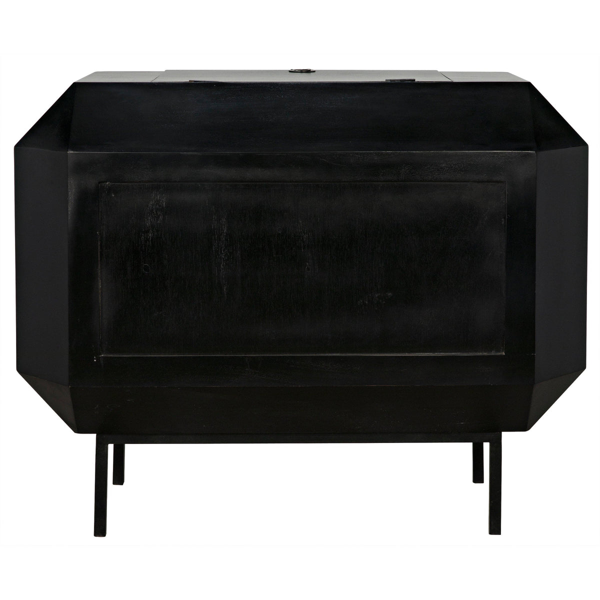 Black mahogany Rhiana vanity dresser with angled edges, tall slim legs, and three drawers.