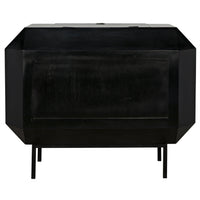 Black mahogany Rhiana vanity dresser with angled edges, tall slim legs, and three drawers.