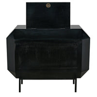 Black mahogany Rhiana vanity dresser with angled edges, tall legs, and a secret top compartment open to reveal a keyhole.