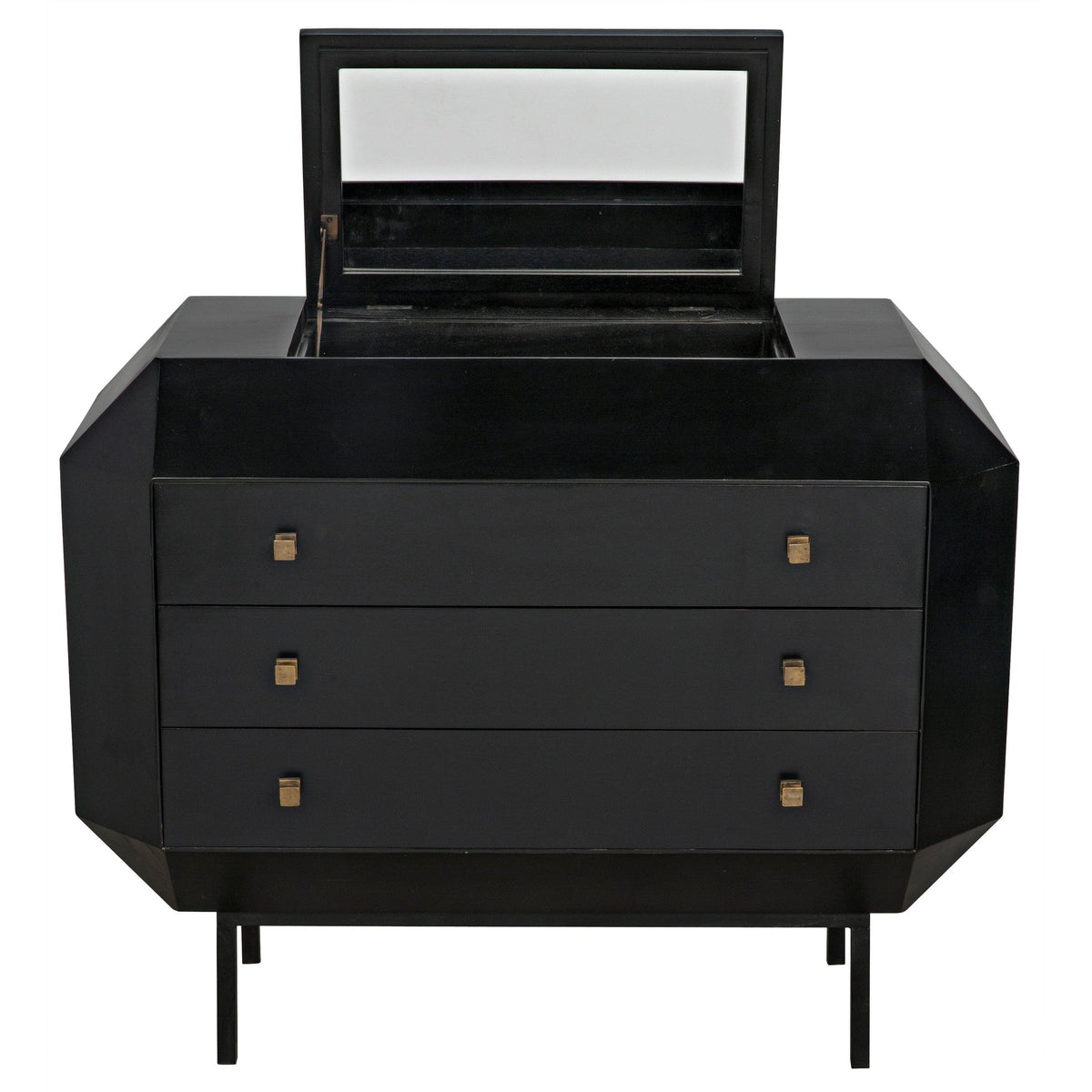 Black mahogany vintage vanity dresser with angled edges, three drawers, and a secret top compartment with a hinged mirror.