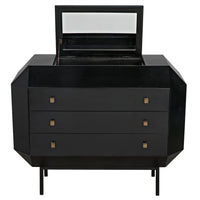 Black mahogany vintage vanity dresser with angled edges, three drawers, and a secret top compartment with a hinged mirror.