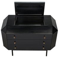 Black mahogany vanity dresser with angled edges, three drawers, and an open top secret compartment with a mirror.
