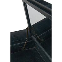 Dark mahogany vanity dresser with a hinged mirror revealing a secret top compartment.