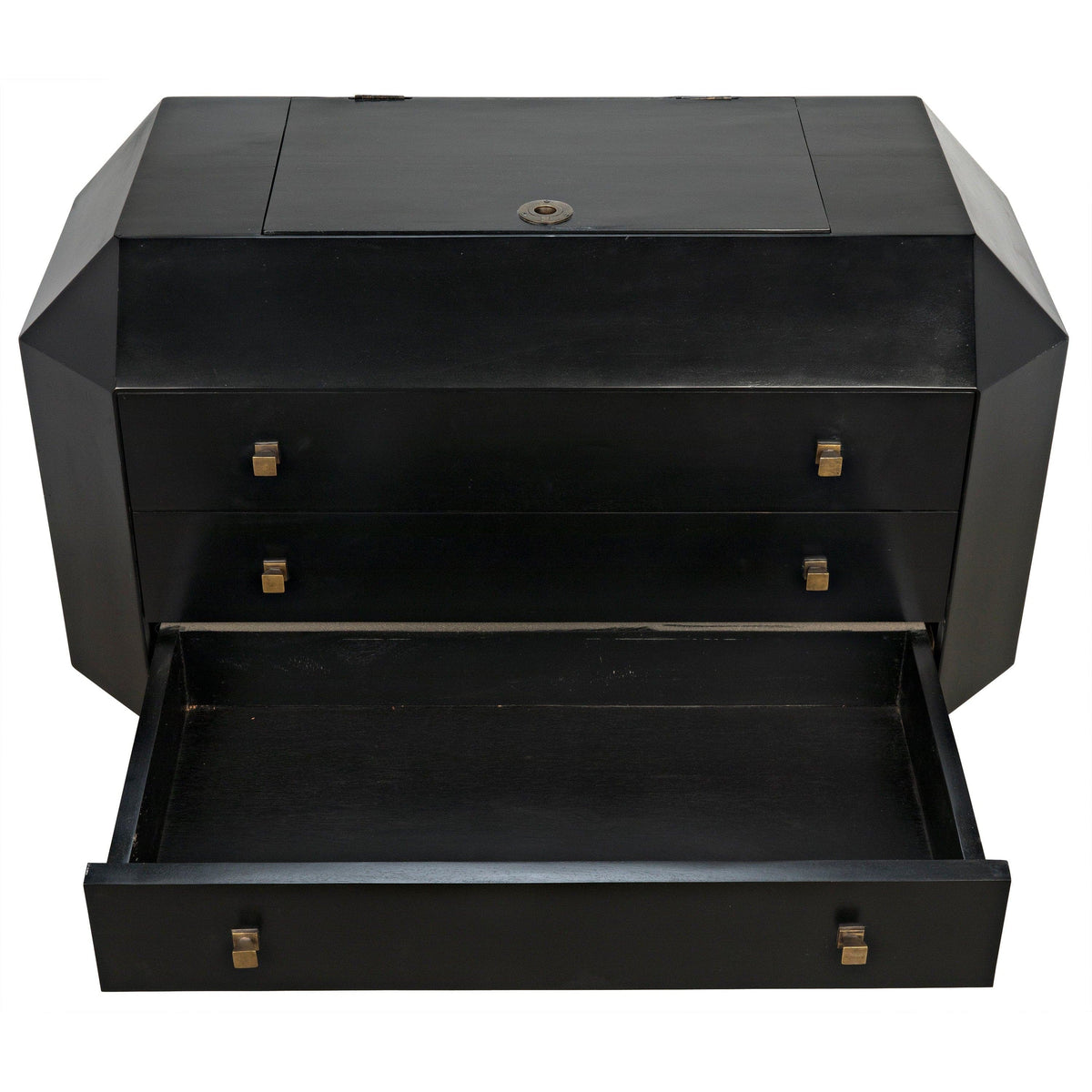 Black mahogany Rhiana vanity dresser with angled edges, three drawers, metal pulls, and a secret top compartment.