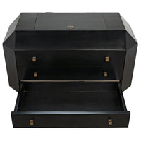 Black mahogany Rhiana vanity dresser with angled edges, three drawers, metal pulls, and a secret top compartment.