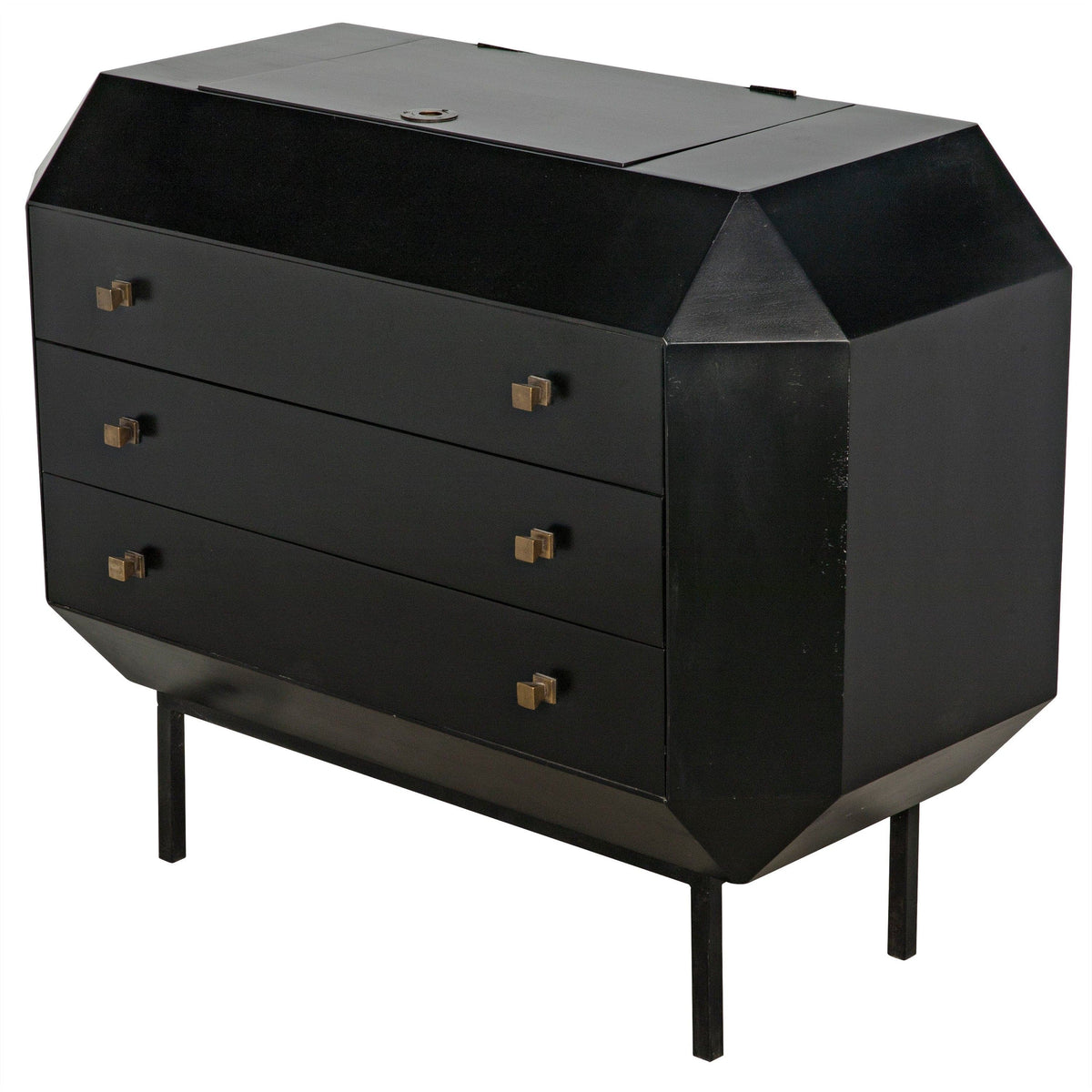 Black mahogany Rhiana vanity dresser with angled edges, three drawers, and tall slim legs.