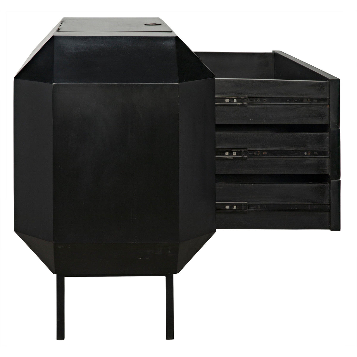Black mahogany Rhiana vanity dresser with angled edges, tall legs, and three open drawers.