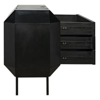 Black mahogany Rhiana vanity dresser with angled edges, tall legs, and three open drawers.