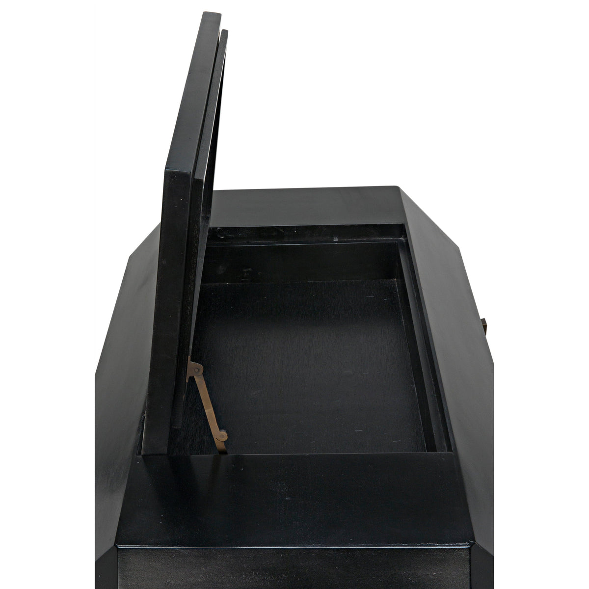 Black mahogany vanity dresser with angled edges and open secret top compartment with hinged mirror.