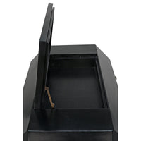 Black mahogany vanity dresser with angled edges and open secret top compartment with hinged mirror.
