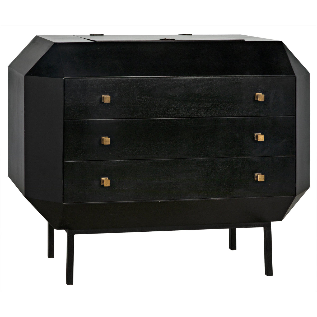 Black mahogany Rhiana vanity dresser with angled edges, three drawers, metal pulls, and slim legs.