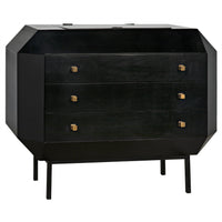 Black mahogany Rhiana vanity dresser with angled edges, three drawers, metal pulls, and slim legs.