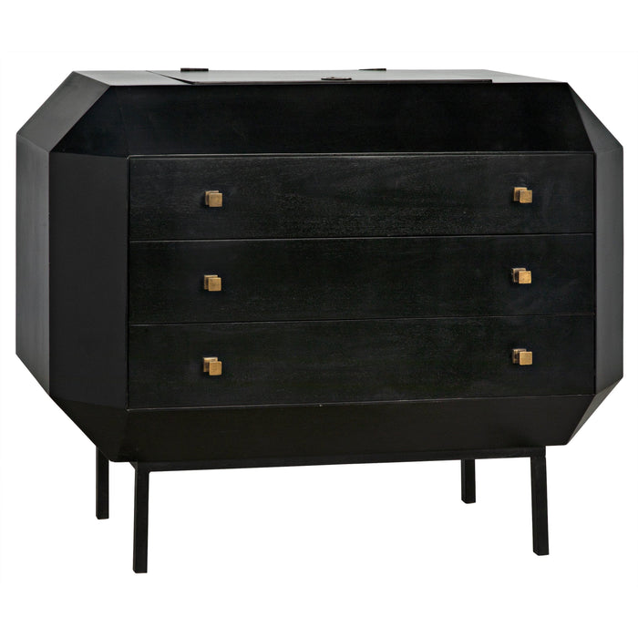 Black mahogany Rhiana vanity dresser with angled edges, three drawers, metal pulls, and slim legs.