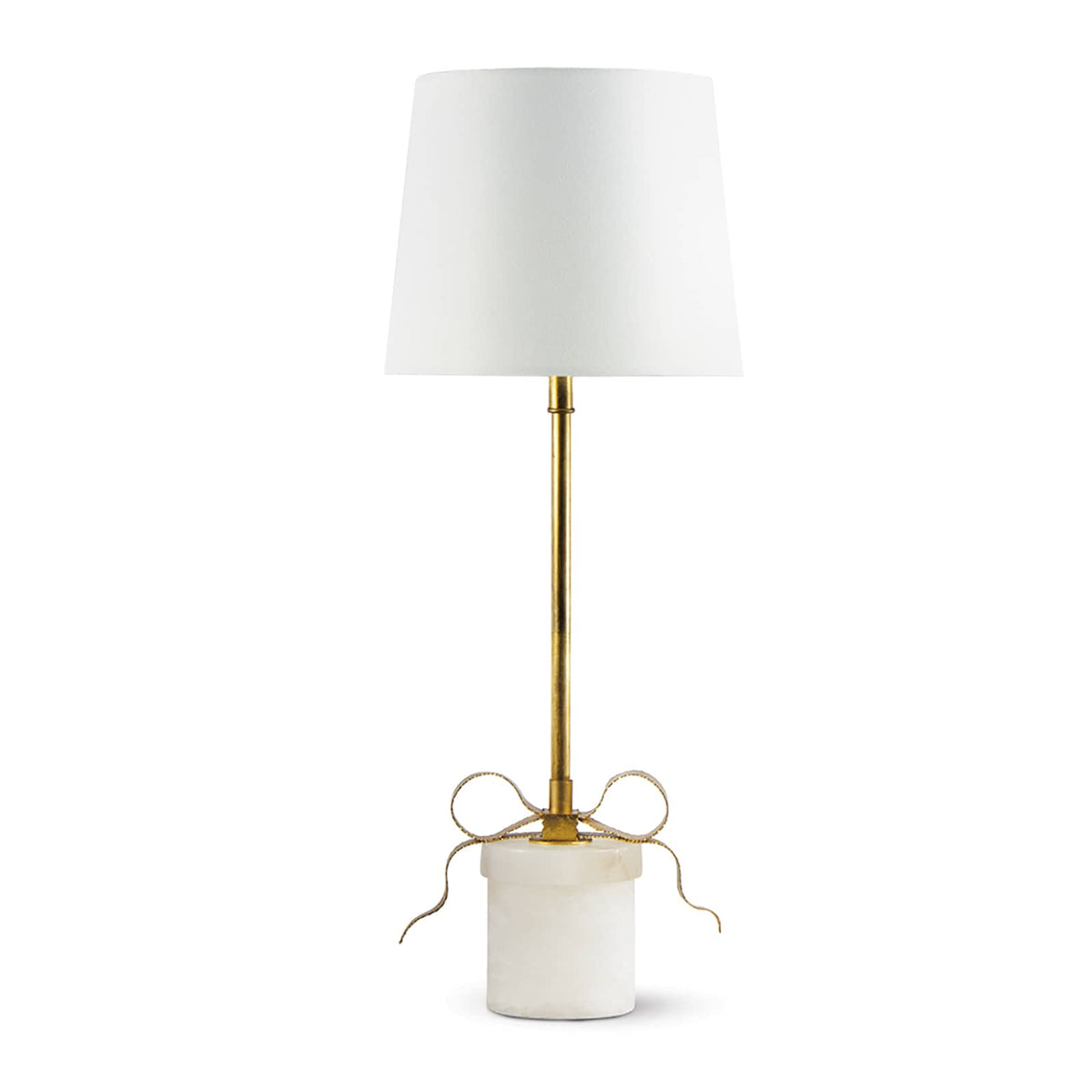 Elegant gold-leafed Ribbon Table Lamp with a white linen shade and alabaster gift-box base.