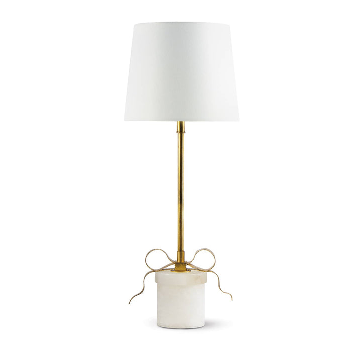 Elegant gold-leafed Ribbon Table Lamp with a white linen shade and alabaster gift-box base.