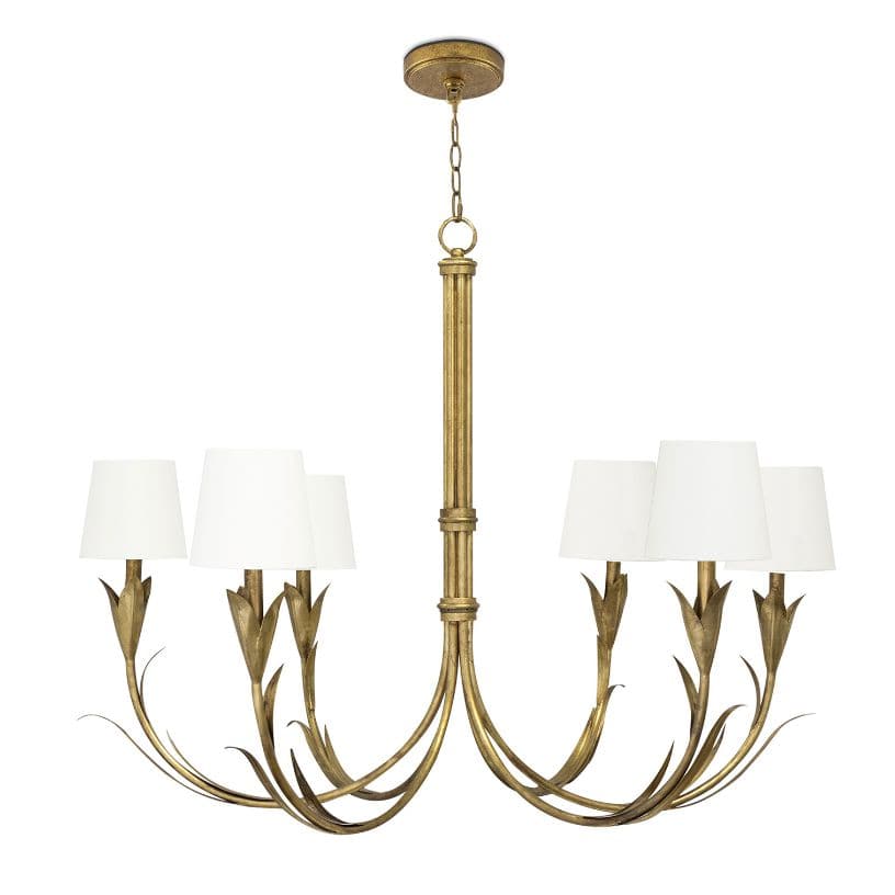 River Reed Gold Leaf Chandelier with six reeded arms, botanical details, and natural linen shades.