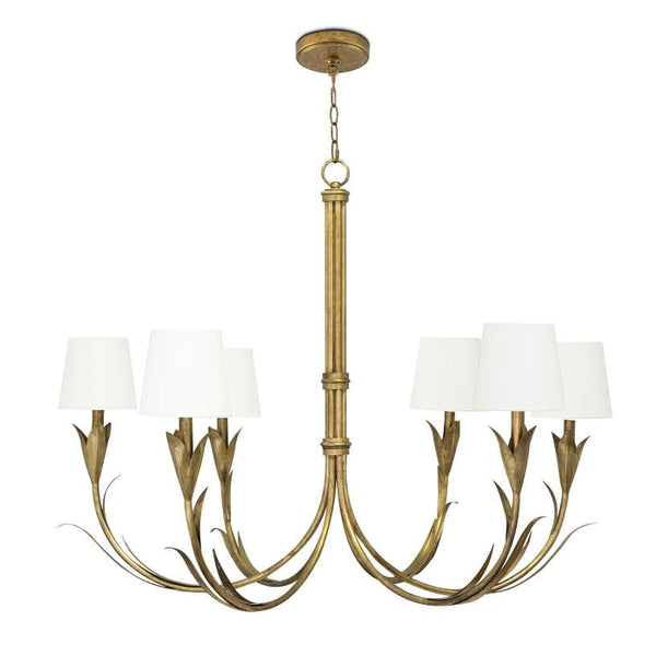 River Reed Gold Leaf Chandelier with six reeded arms, botanical details, and natural linen shades.