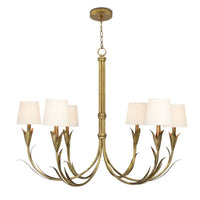 River Reed Gold Leaf Chandelier with six reeded arms, botanical details, and natural linen shades.
