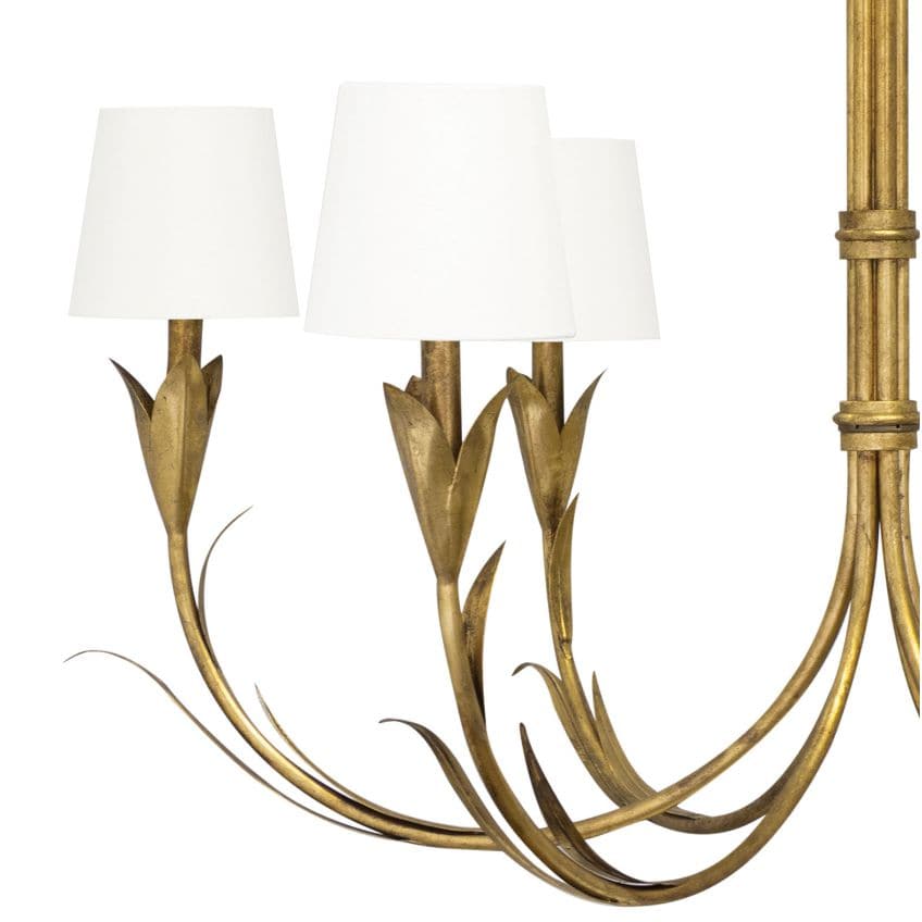 River Reed Gold Leaf Chandelier with botanical antique gold finish and natural linen shades.