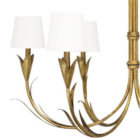 River Reed Gold Leaf Chandelier with botanical antique gold finish and natural linen shades.