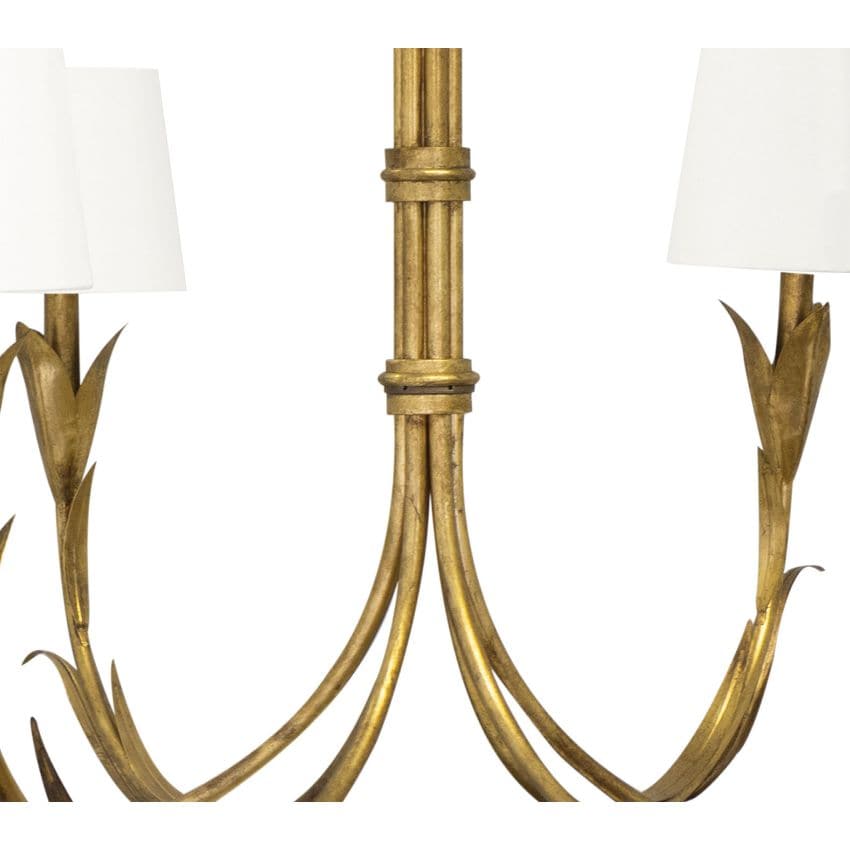 River Reed Gold Leaf Chandelier with six reeded arms, botanical details, and natural linen shades.