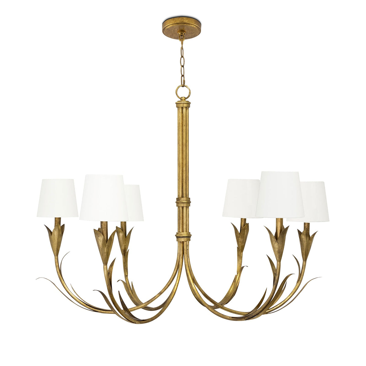 River Reed Gold Leaf Chandelier with six reeded arms, antique gold finish, and natural linen shades.