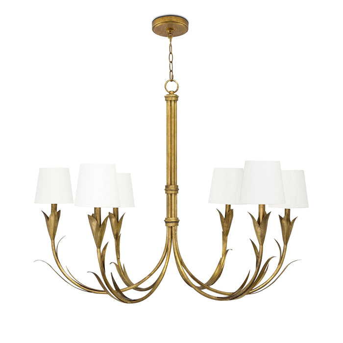 River Reed Gold Leaf Chandelier with six reeded arms, antique gold finish, and natural linen shades.