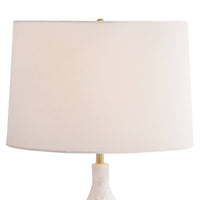 Riviera Table Lamp with a matte white base, complex curves, and a white linen shade.
