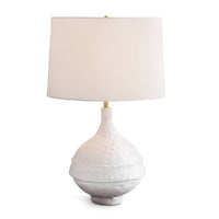 Riviera Table Lamp with a matte white, textured base and a white linen shade.