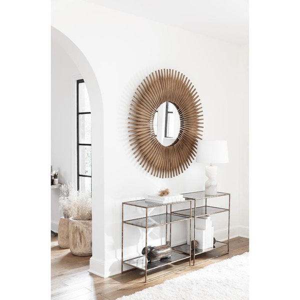 Rustic 48" round mirror with antique-inspired mini-rolling pins in a sunburst design.
