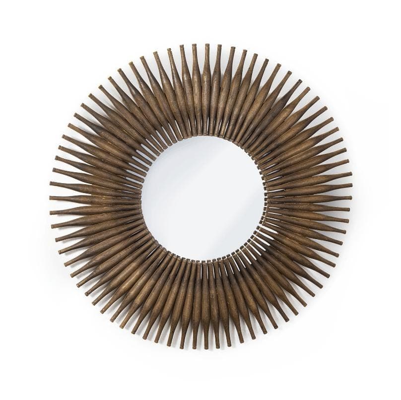 Round 48" mirror with a sunburst frame made of antique-inspired mini rolling pins in a rustic wood finish.