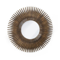 Round 48" mirror with a sunburst frame made of antique-inspired mini rolling pins in a rustic wood finish.