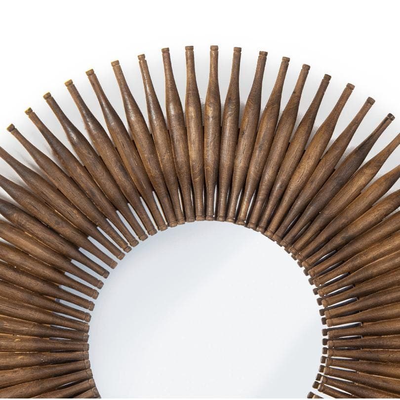 Round mirror framed with antique-inspired mini dark wood rolling pins, 48" diameter.
