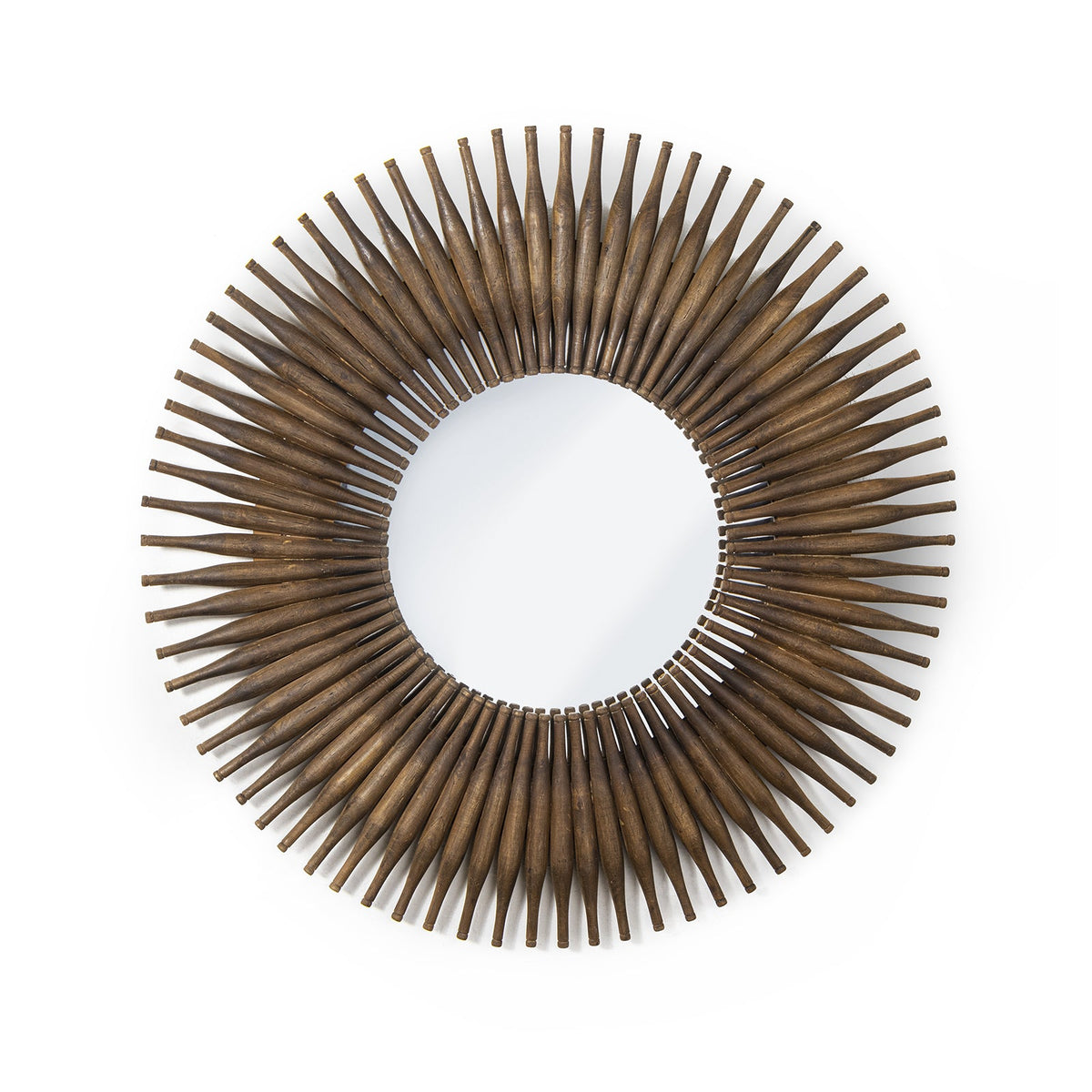 Round, rustic wood rolling pin mirror, 48" diameter, with a sunburst design.