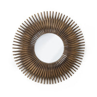 Round, rustic wood rolling pin mirror, 48" diameter, with a sunburst design.