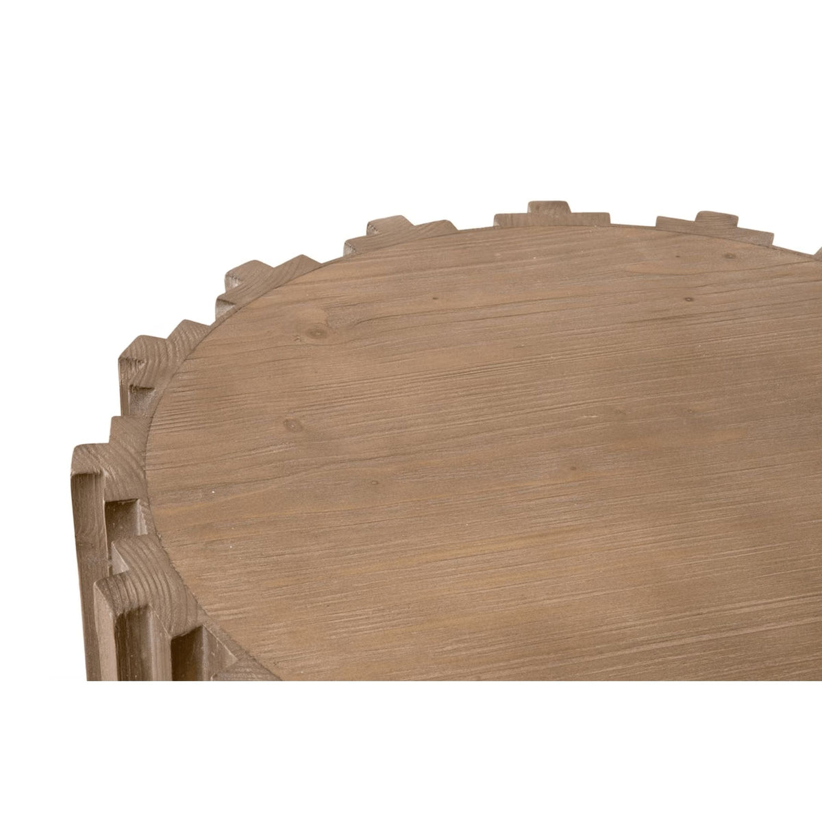 Roma End Table: Round smoke gray reclaimed pine table with decorative wood fluting.