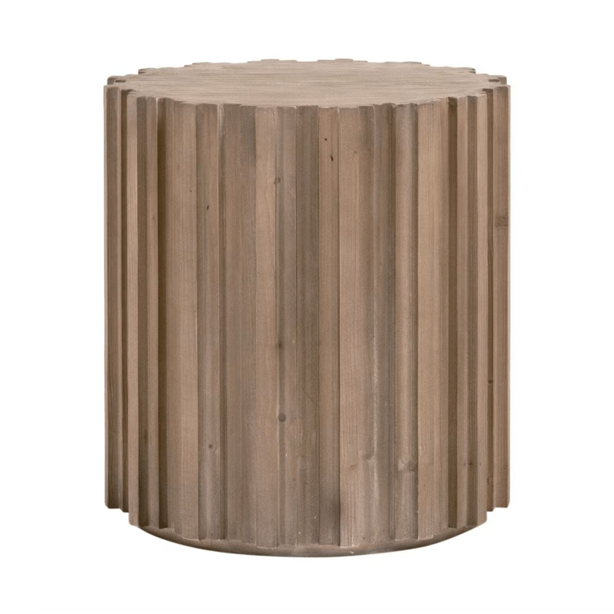 Round Roma End Table with smoke gray reclaimed pine, featuring decorative wood fluting.