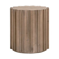 Round Roma End Table with smoke gray reclaimed pine, featuring decorative wood fluting.