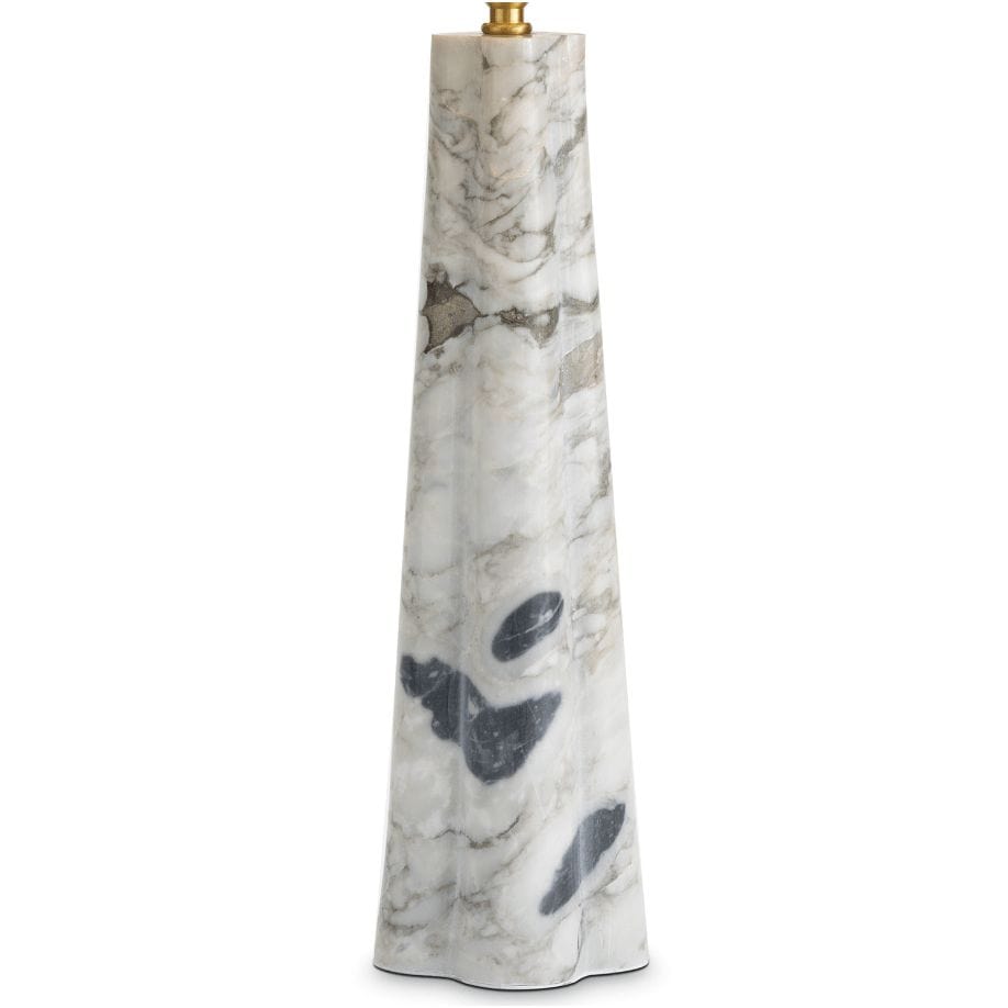 Tall, tapered Roman table lamp base crafted from white Carrara marble with gray veining and a brass finial.