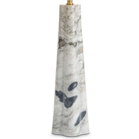 Tall, tapered Roman table lamp base crafted from white Carrara marble with gray veining and a brass finial.