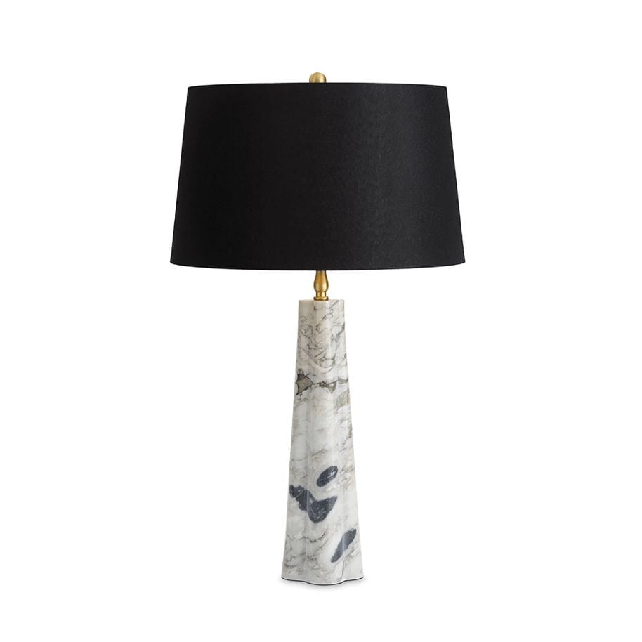 Roman Marble Table Lamp with a white Carrara marble base, black linen shade, and natural brass finial.