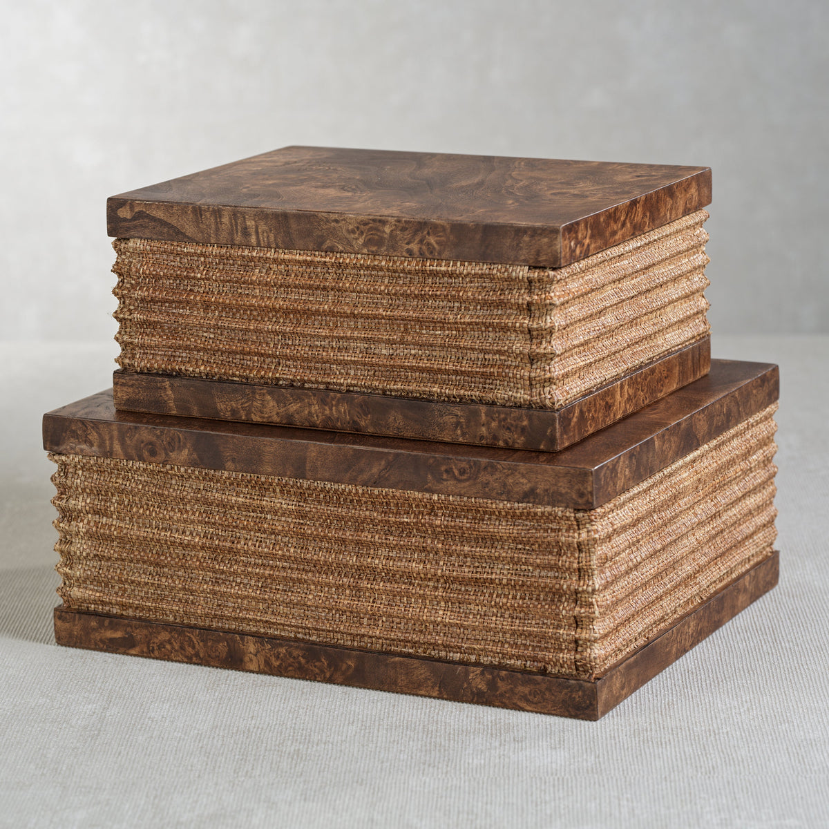 Rosso Burlwood & Raffia Decorative Box, Small - Box Top View | Bone & Brass