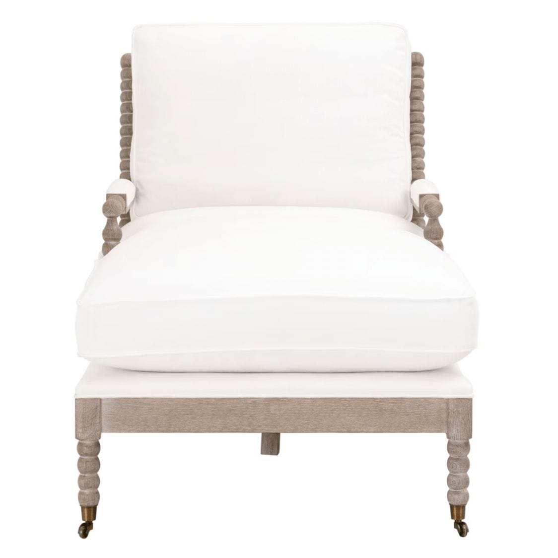 White Rouleau Peyton Pearl Chaise Lounge with carved spool wood frame and caster wheels.